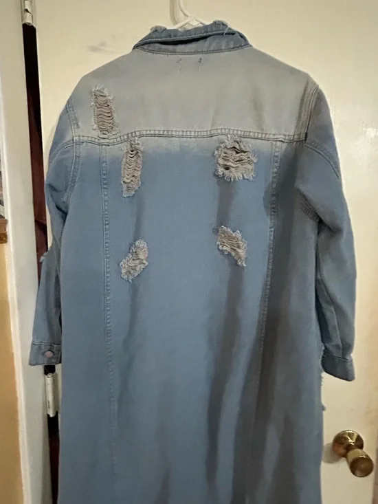 Long Distressed Denim Jacket Dress - Light Blue - Picture 6 of 9